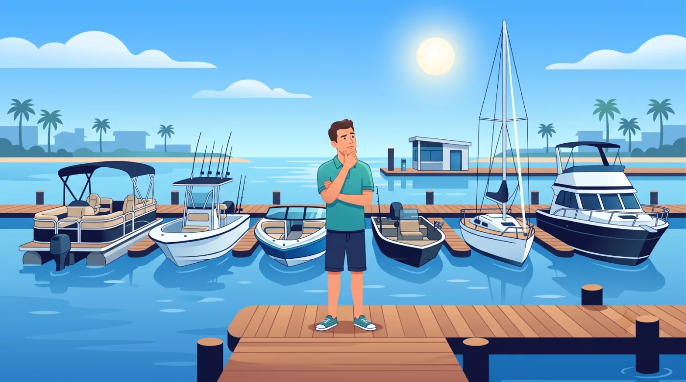 A person standing on a dock thoughtfully comparing several different types of boats, including a pontoon, center console, bowrider, jon boat, sailboat, and cabin cruiser