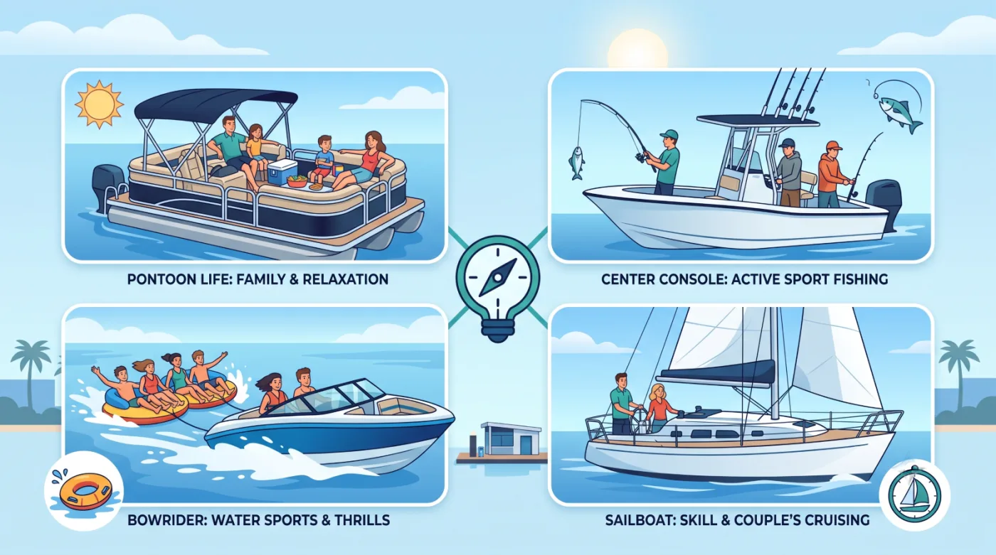 Four boat types matched to different lifestyles: pontoon for family relaxation, center console for active sport fishing, bowrider for water sports, and sailboat for couple's cruising
