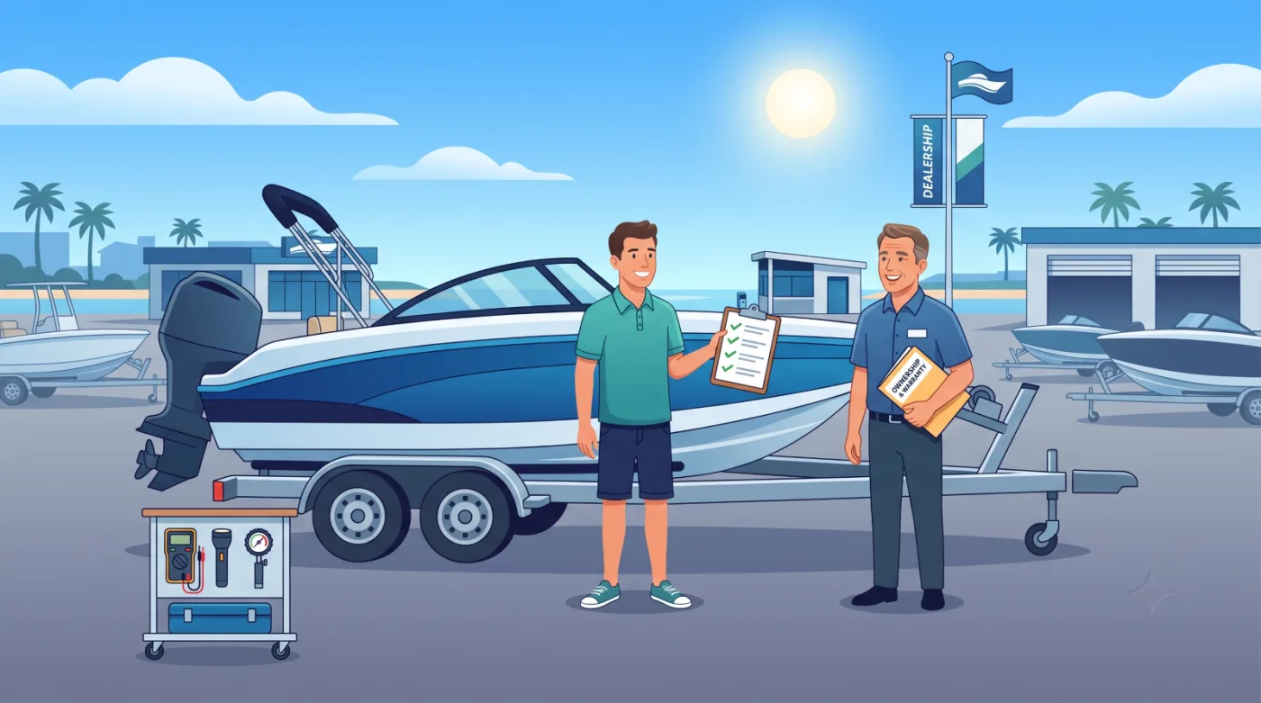 A boat buyer reviewing a checklist with a dealer next to a boat on a trailer at a dealership