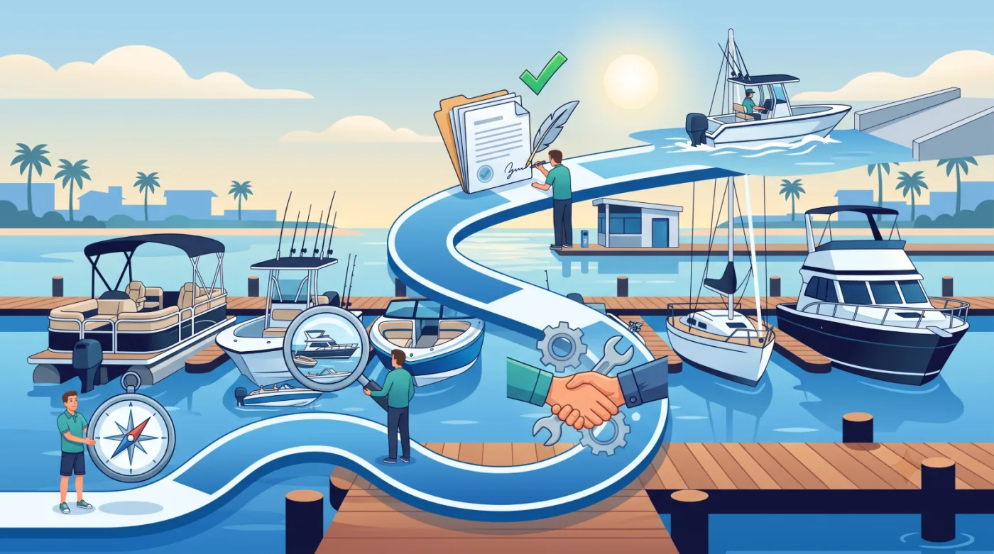 Illustrated path showing the boat buying journey from research and inspection to closing the deal and launch day