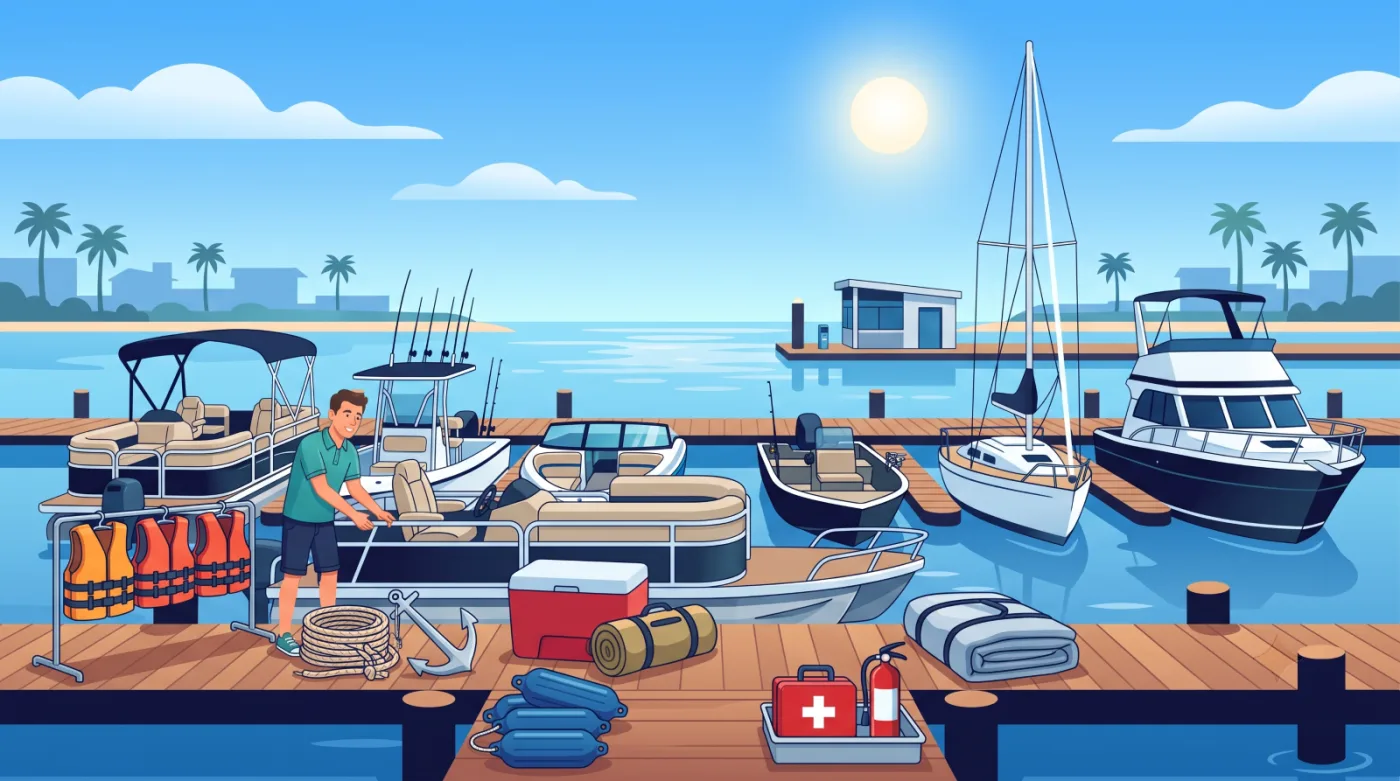 A boat owner loading safety and gear equipment, including life jackets, an anchor, and a cooler, onto a boat at the marina