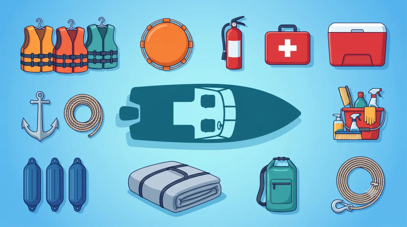 A flat-lay of essential boat gear including life jackets, a life ring, fire extinguisher, first aid kit, anchor, rope, fenders, and cleaning supplies