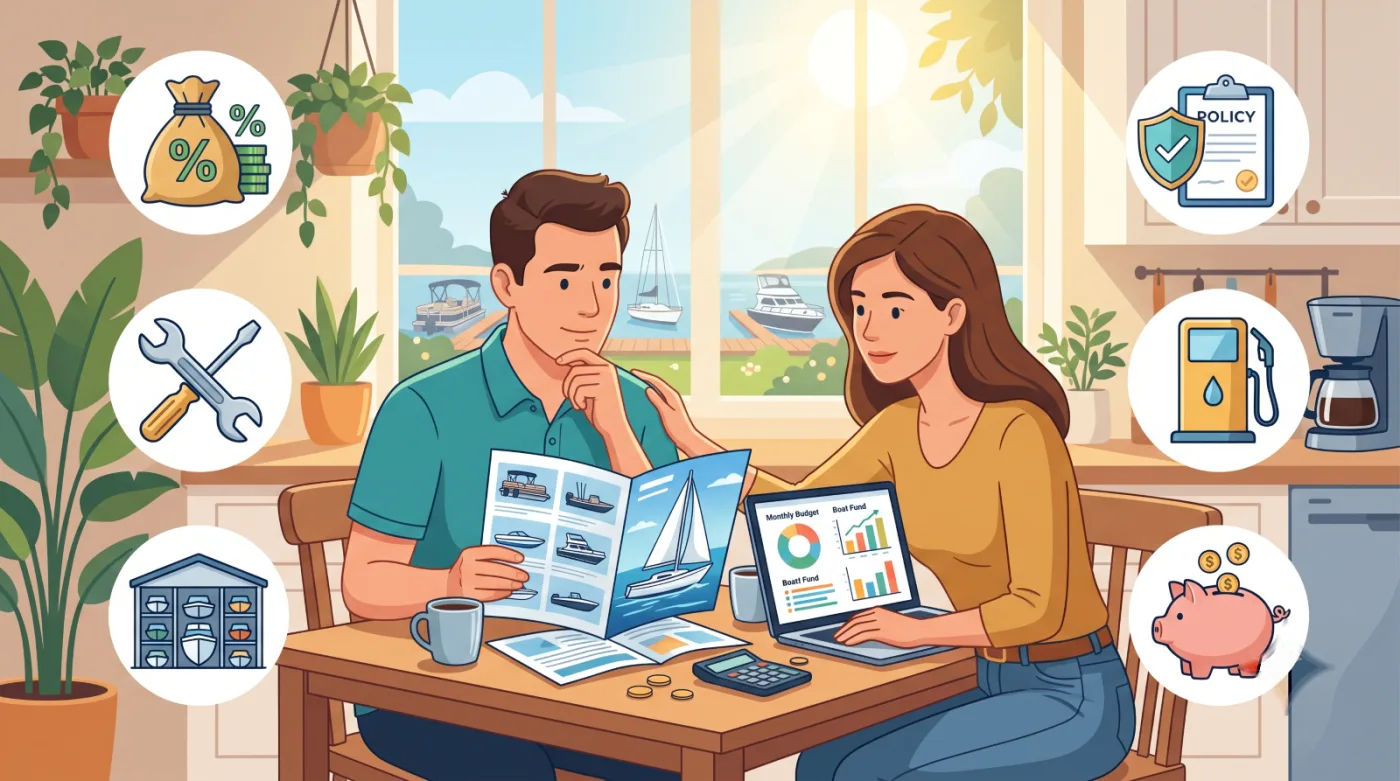 A couple budgeting for a boat purchase at their kitchen table, reviewing financing, insurance, fuel, and storage costs
