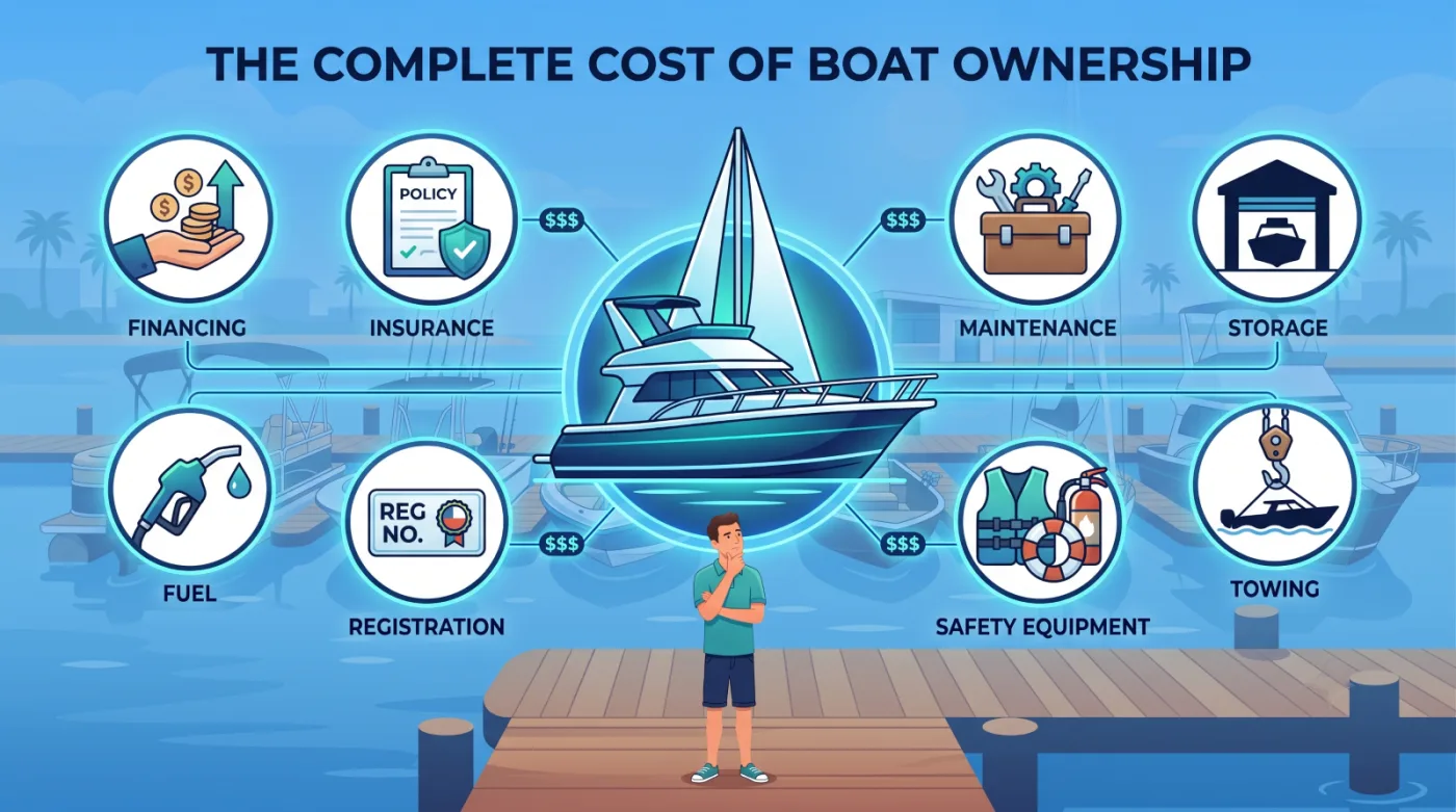 Infographic showing the complete cost of boat ownership: financing, insurance, maintenance, storage, fuel, registration, safety equipment, and towing