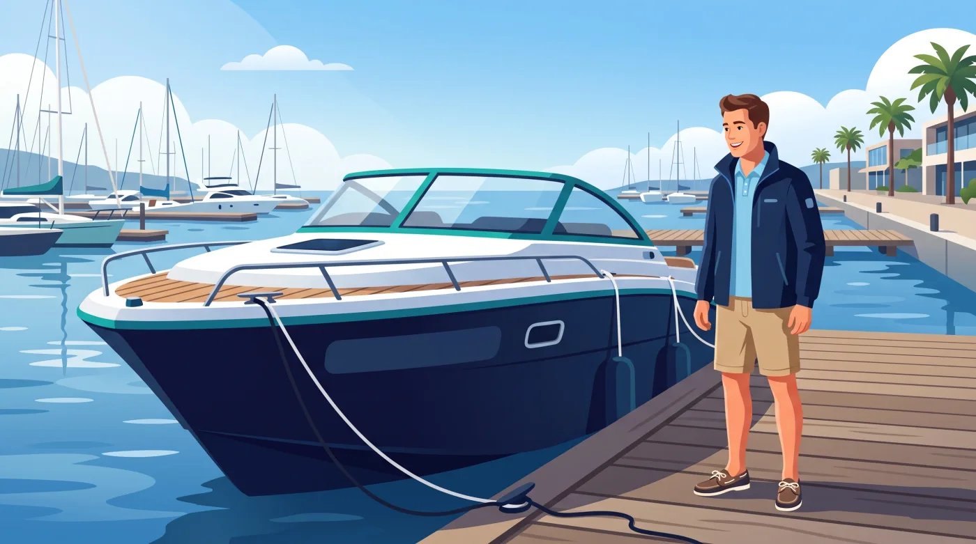A proud boat owner standing on the dock next to his boat at a marina