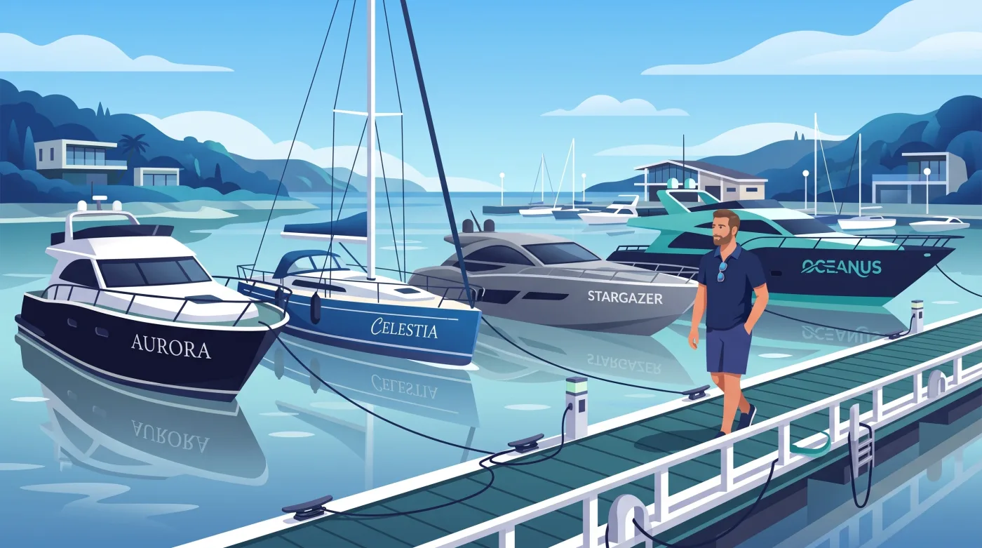 Several named boats docked at a marina, including Aurora, Celestia, Stargazer, and Oceanus, showing different boat naming styles