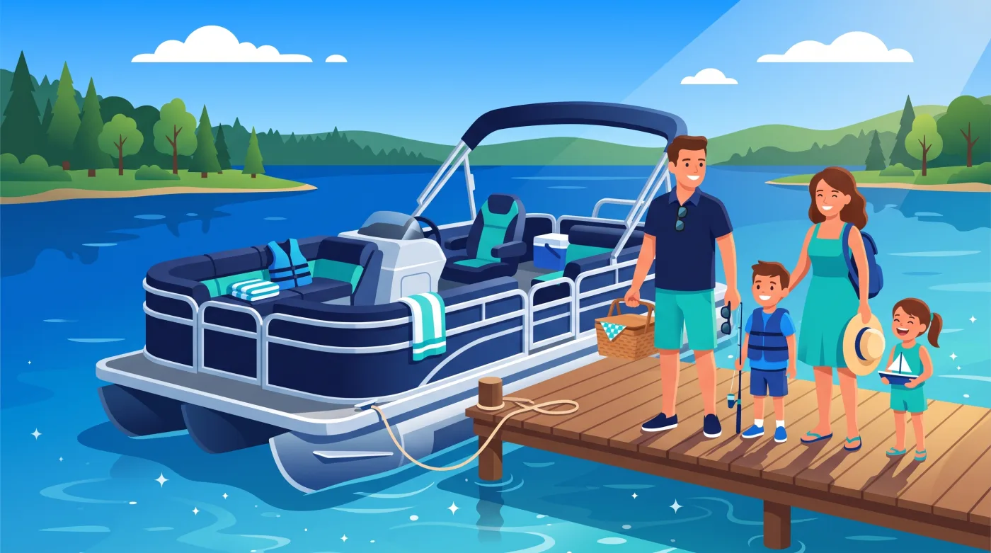 A family with children boarding a docked pontoon boat for a day on the lake