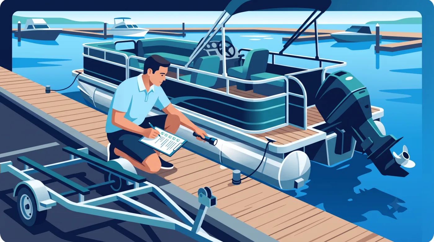 A man kneeling on a dock inspecting a pontoon boat's tubes and engine with a checklist and flashlight