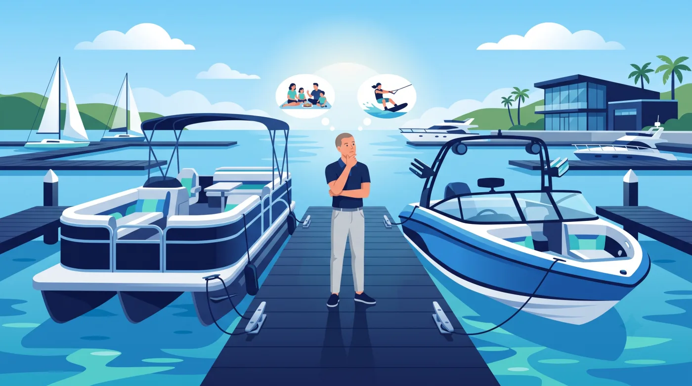 A man standing on a dock between a pontoon boat and a bowrider, weighing a family day versus watersports