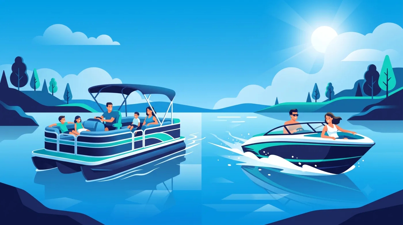 A pontoon boat carrying a relaxing family alongside a bowrider speeding by with a couple onboard