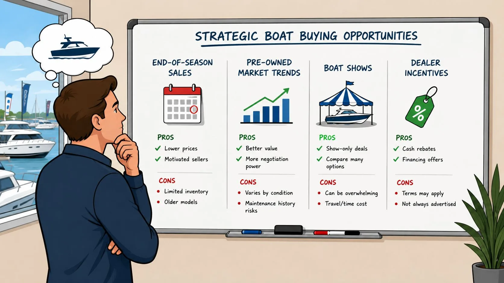 A man looking at a whiteboard detailing the pros and cons of different boat buying opportunities