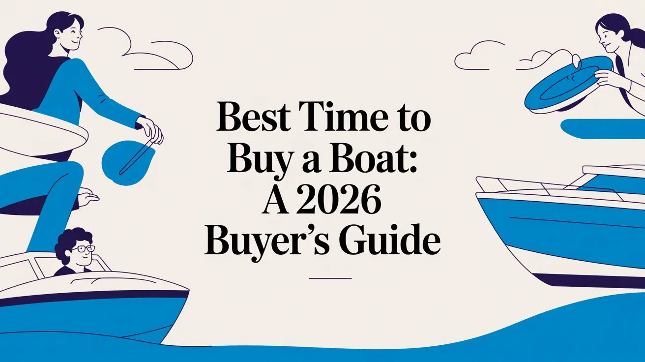 A couple shopping for a boat at a dealership lot, weighing when to buy for the best price