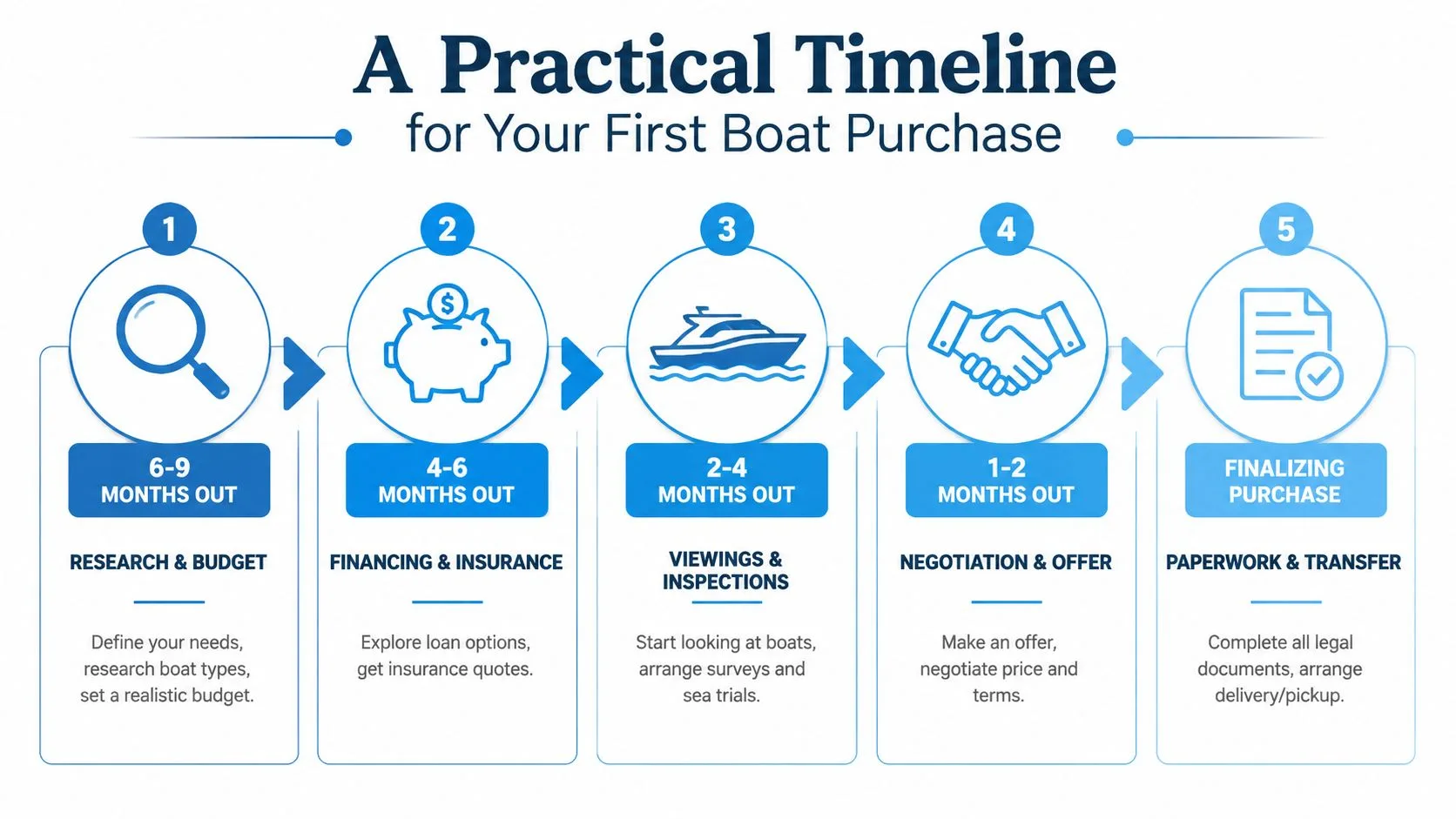 A five-step infographic timeline guiding prospective boat buyers through the research, financing, and purchasing process