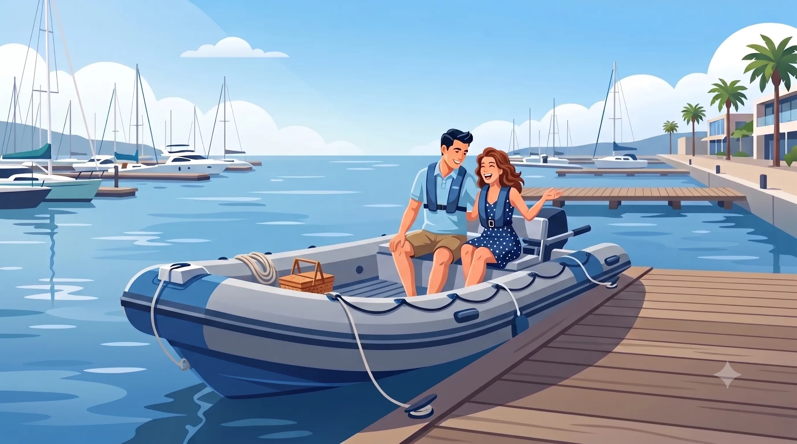 A couple sitting in an inflatable dinghy tender tied up at a dock, with sailboats and yachts anchored in the marina behind them